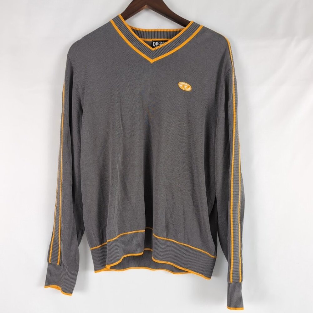Diesel Men's Gray/Yellow/Gold VNeck Sweater Pullover Embroidered Logo, Medium